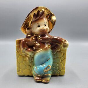 Vintage Hull Little Boy Farmer Planter Gold Trim Home Shelf Decor 6"